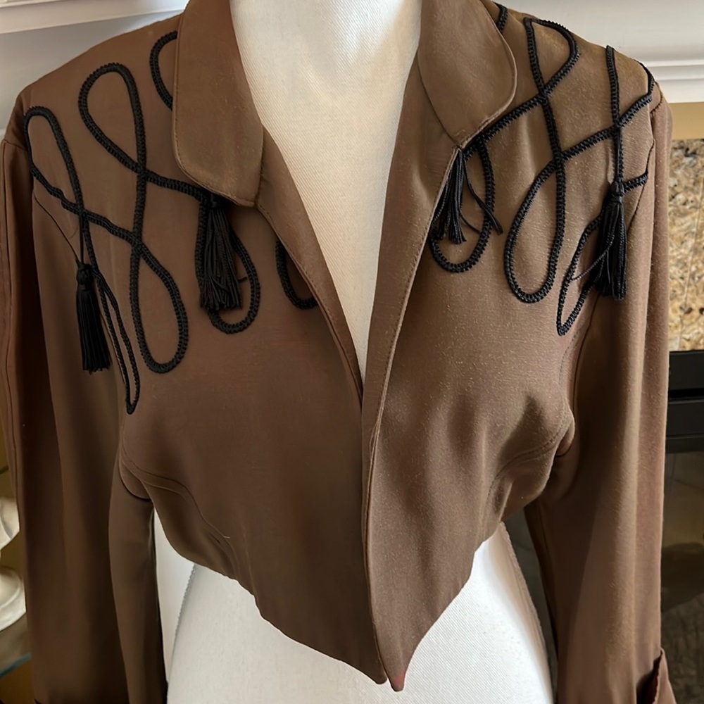 Amazing Vintage Y2K Bolero Jacket Olive Green With Black Cording and Tassels.